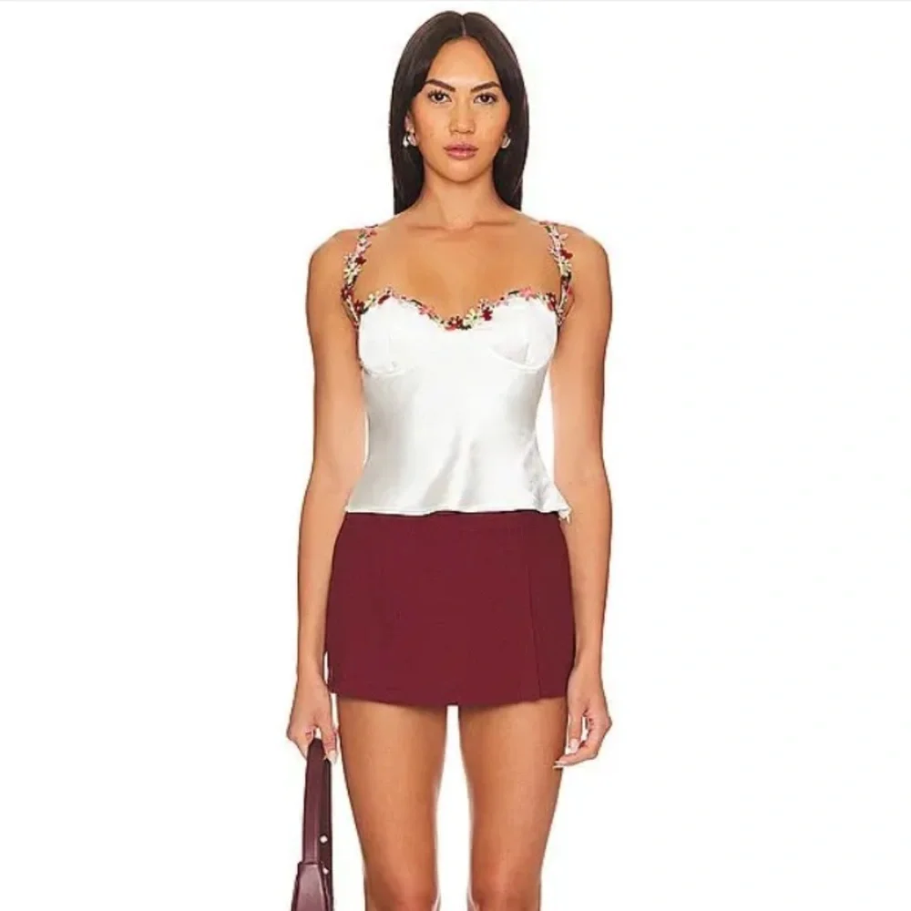 MORE TO COME Enid Bustier Floral Embellished White Camisole Top satin Revolve M - Picture 2 of 9